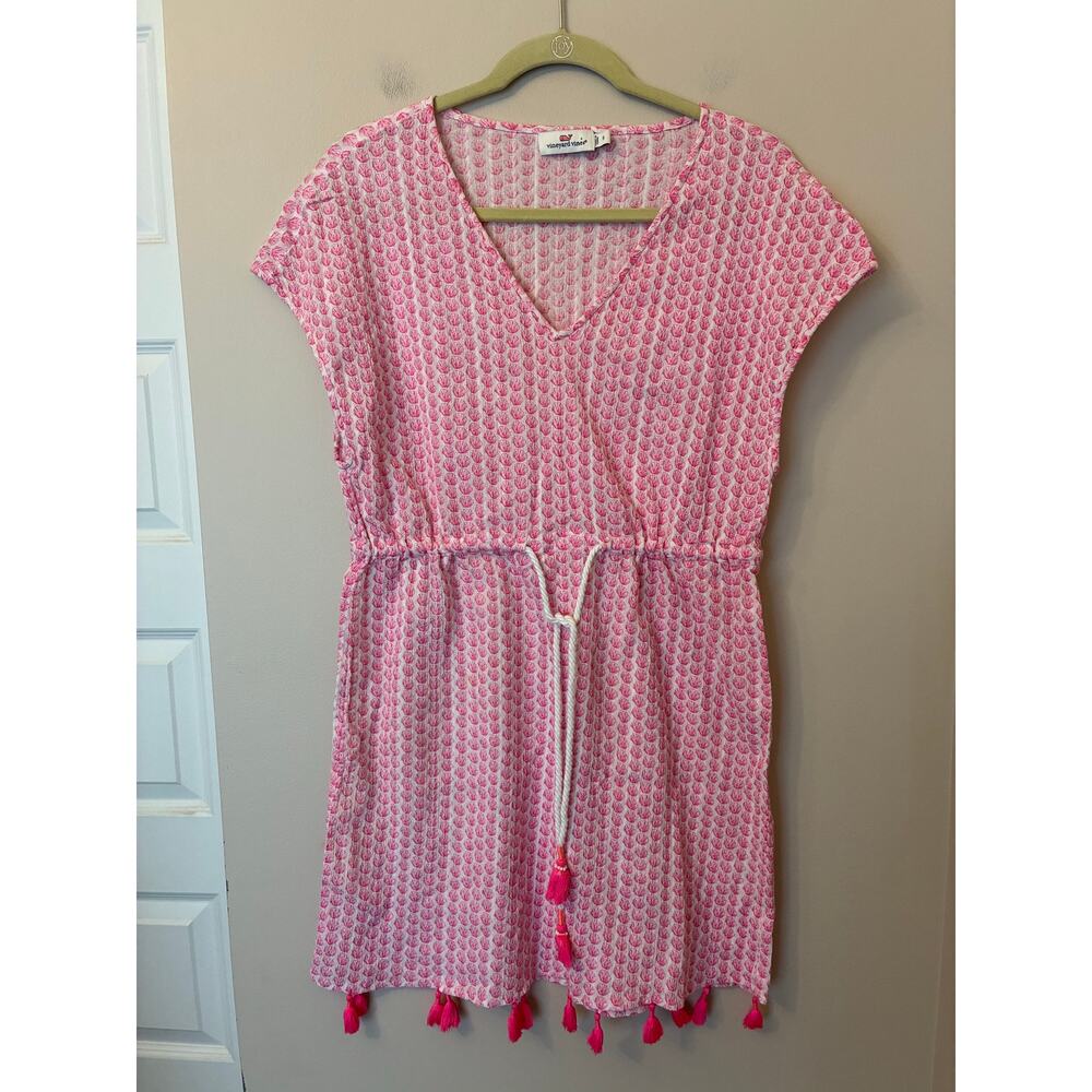 Vineyard Vines Women's Lightweight Pink Tassel Trim Cover-Up Dress Small